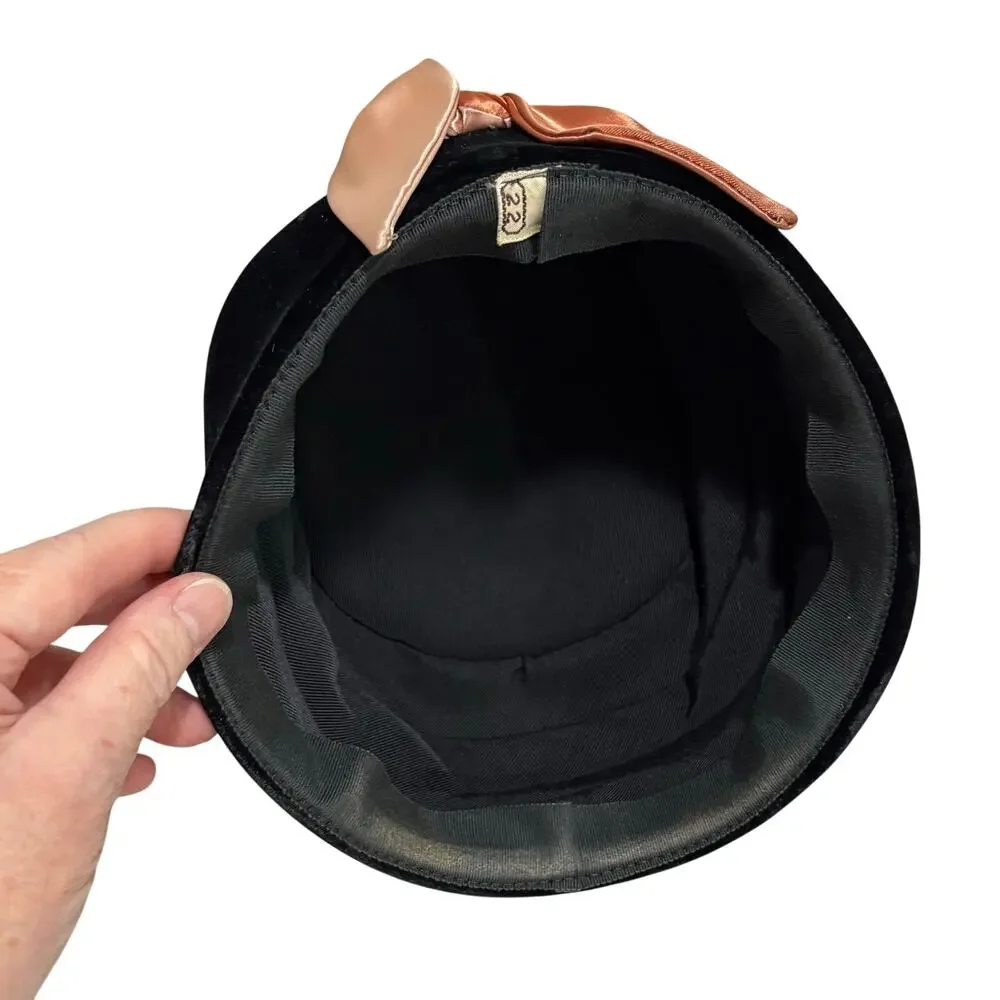 Vintage Turban Pillbox hat two toned pink blush satin & black velvet Size 22